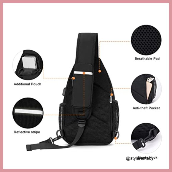 Polyester Sling Backpack with USB Port, Adjustable Crossbody Daypack for Hiking main image 4